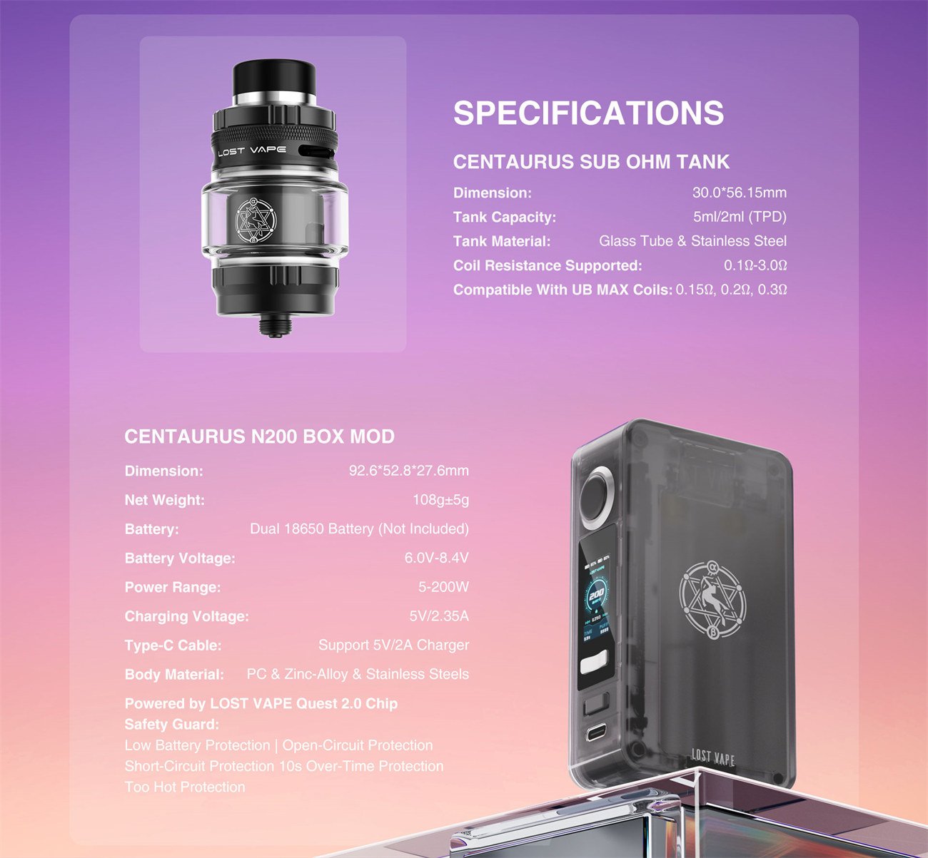 Lost Vape Centaurus N200 Box Mod 200W 16