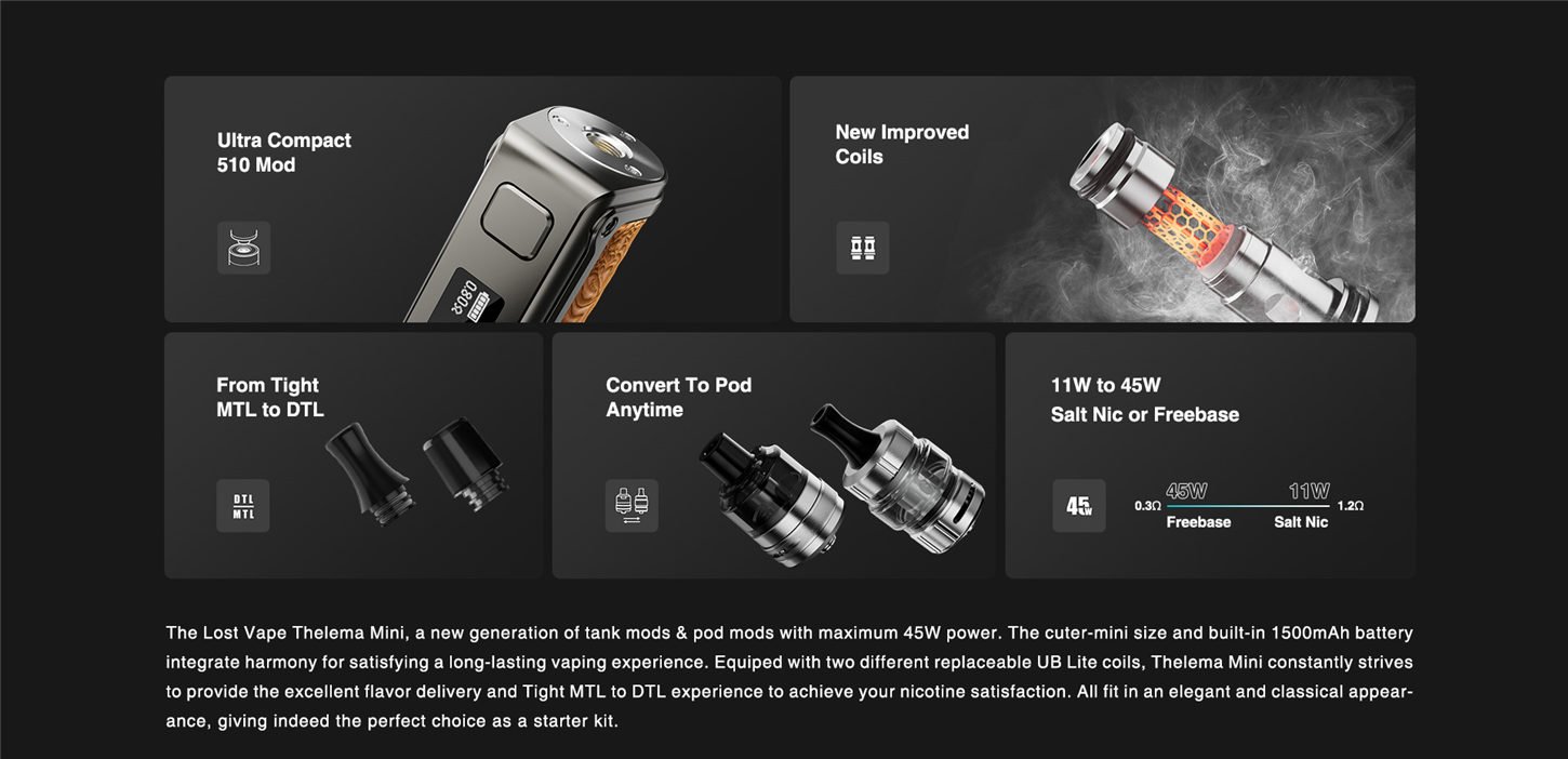 Lost Vape Thelema Mini 45W Box Mod Kit with UB Lite Pod Tank Atomizer 1500mAh 3.5ml 6