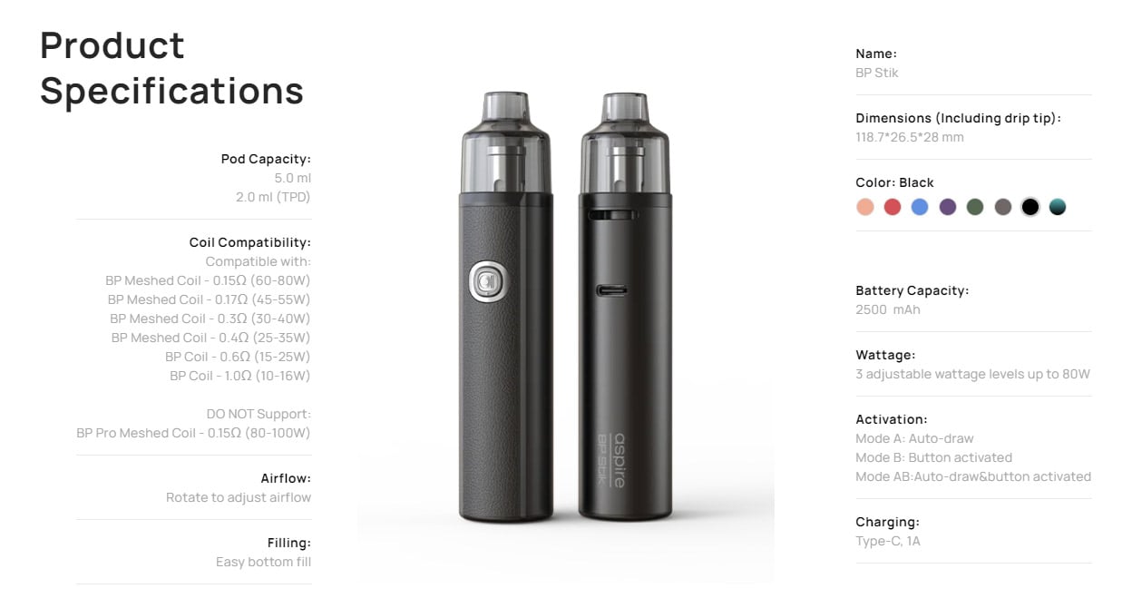 Aspire BP Stik Pod System Kit 2500mAh 5ml 12