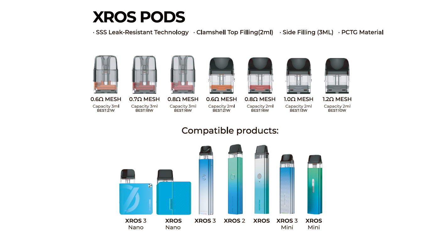 Vaporesso Xros Series Pod Cartridge for Xros / Xros 2 / Xros Mini / Xros 3 / Xros 3 Mini / Xros Nano / Xros 3 Nano / Xros Pro / Xros Cube / XROS 4 / XROS 4 Mini 2ml / 3ml (4pcs/pack) 2