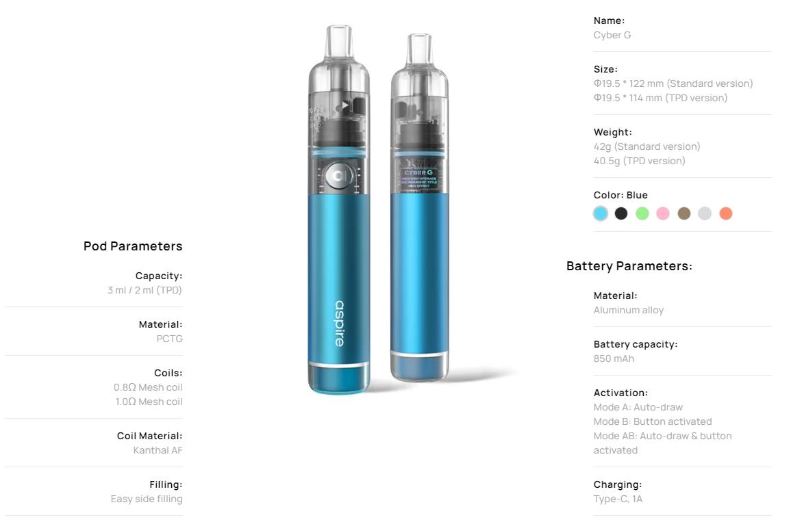 Aspire Cyber G Pod System Kit 850mAh 3ml 9