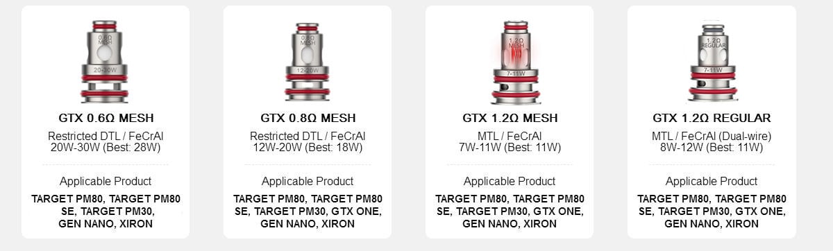 Vaporesso GTX Coil for Target 80 / Target PM30 , GTX One / Go 40 / Go 80, GEN Nano / Air 40 / PT60 / PT80 S / Gen160 / FIT 40, Xiron, Luxe PM40 / PM80 / PM80 S, SWAG PX80, Luxe XR / XR MAX / X PRO / LUXE X2 (5pcs/pack) 9