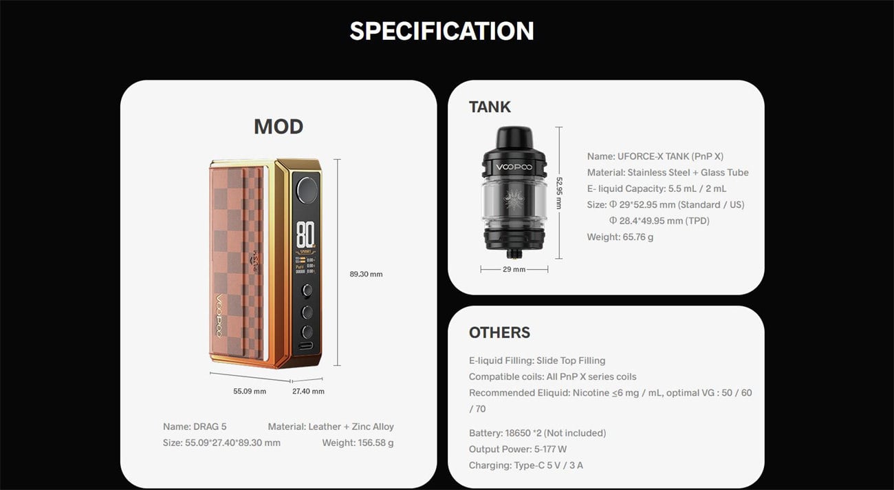 Voopoo Drag 5 177W Box Mod Kit with Uforce-X Tank Atomizer 5.5ml 12