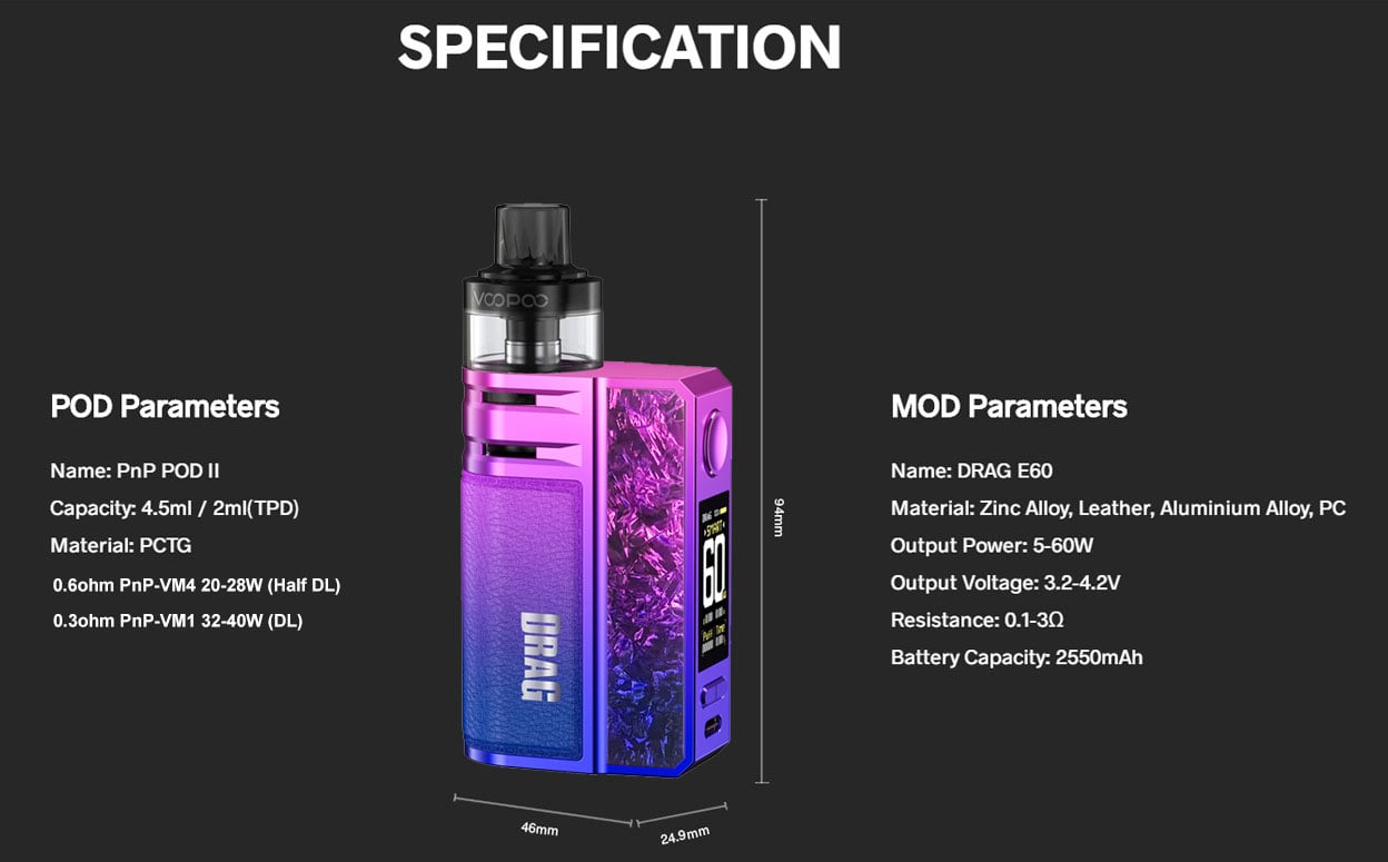 VOOPOO Drag E60 Mod Kit with PNP Pod II 2550mAh 5ml 15