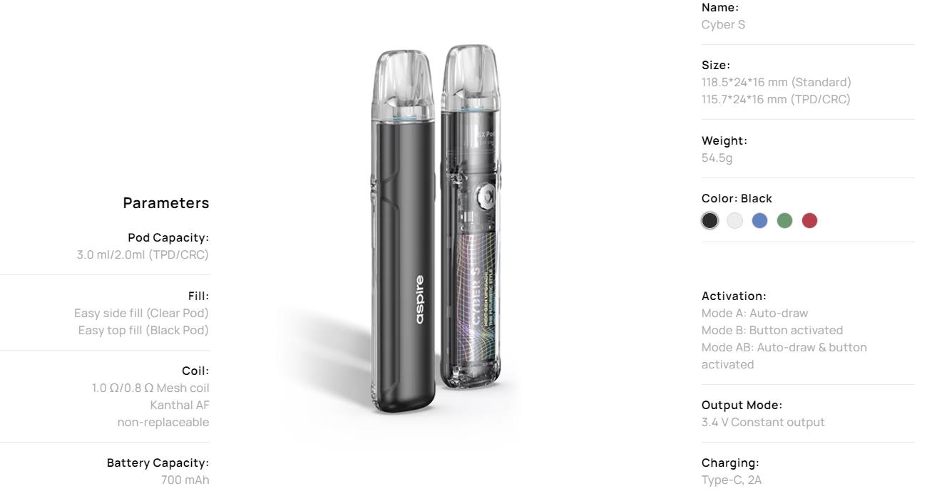 Aspire Cyber S Pod System Kit 700mAh 3ml 9