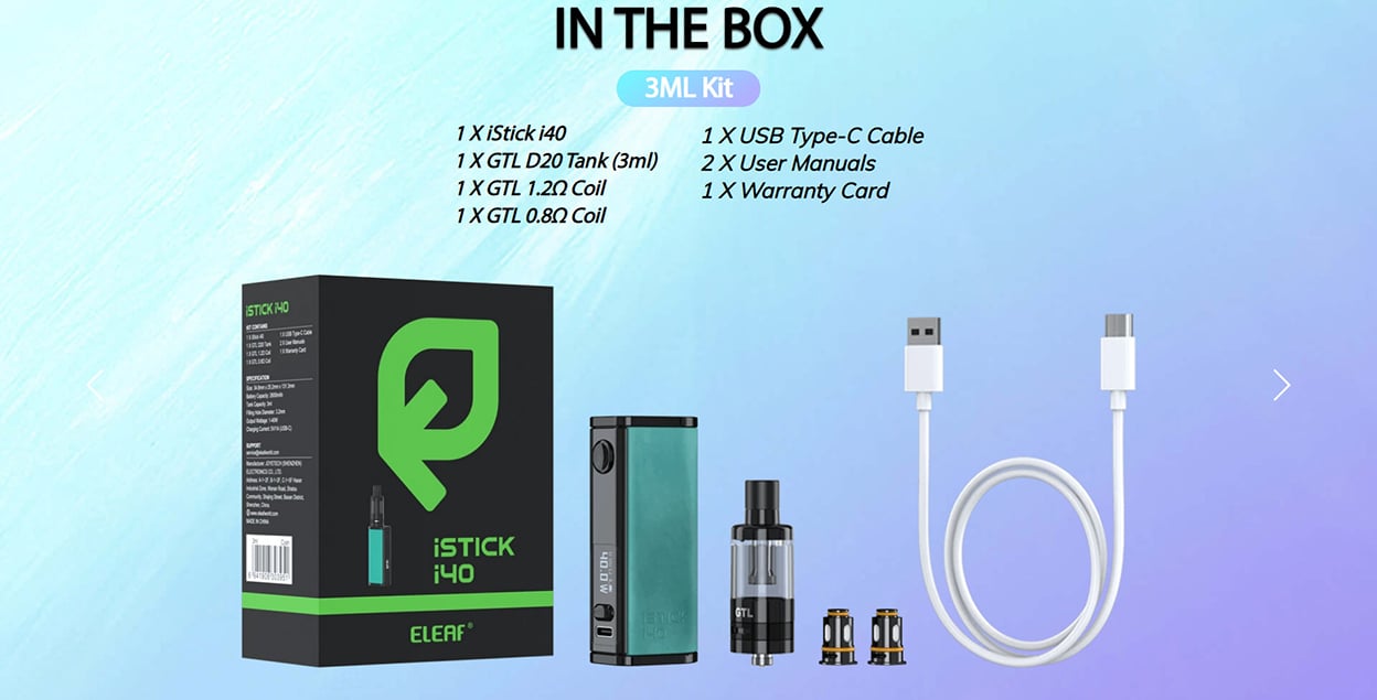 Eleaf iStick i40 Box Mod Kit with GTL D20 Tank Atomizer 2600mAh 3ml 12