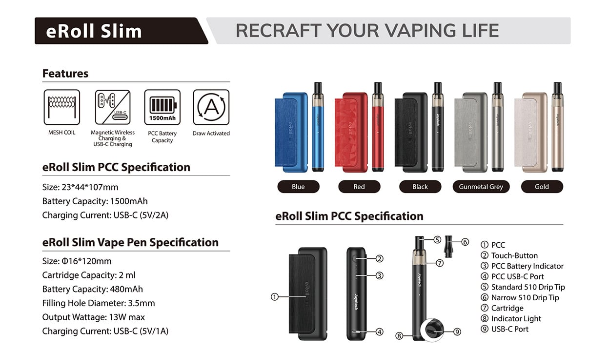 Joyetech eRoll Slim Pod System Kit with PCC Box 480mAh+1500mAh 2ml 2