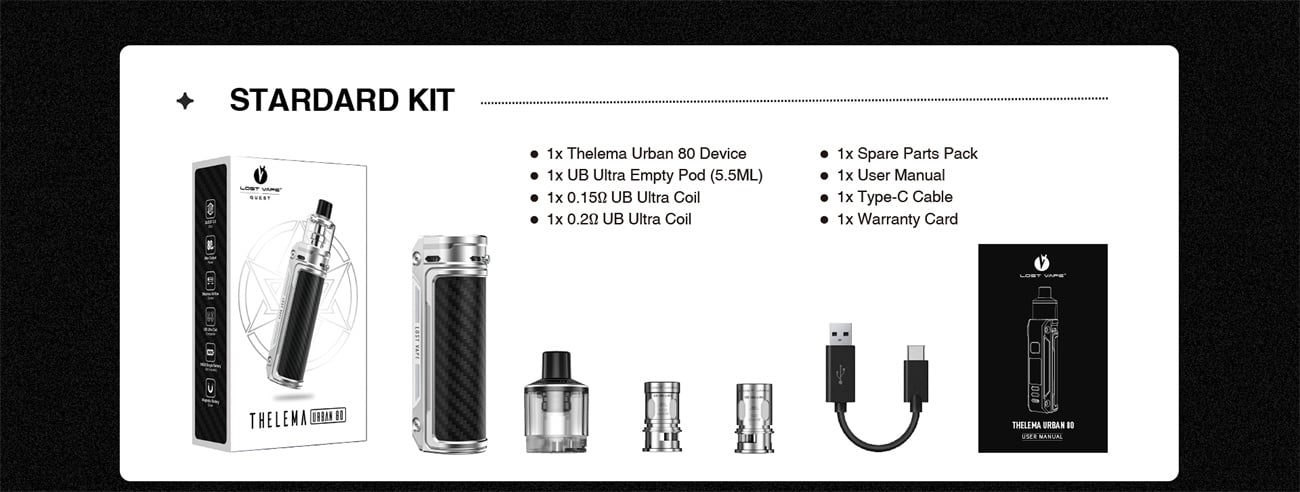 Lost Vape Thelema Urban 80W Box Mod Kit with UB Ultra Pod 5.5ml 12