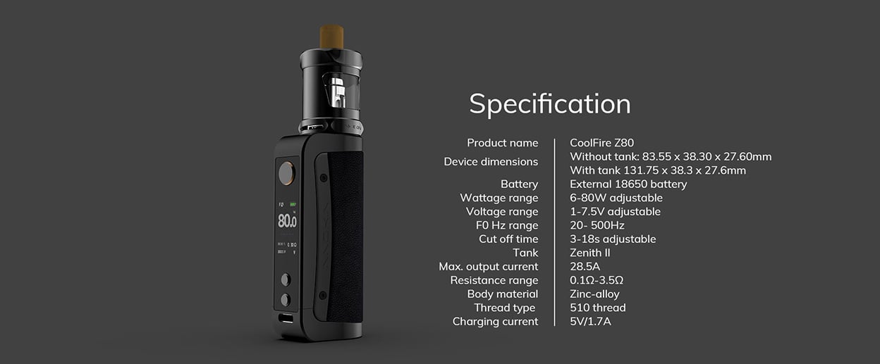 Innokin Coolfire Z80 Box Mod Kit with Zenith II Tank Atomizer 5.5ml 9