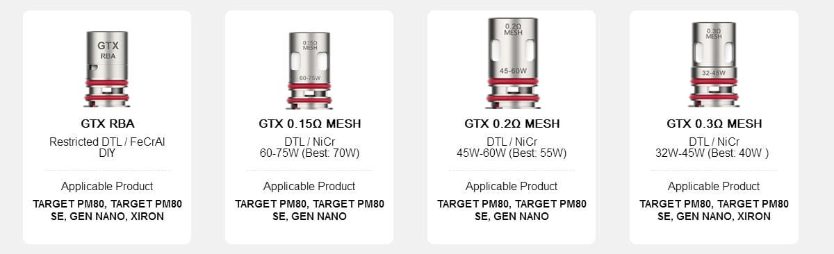 Vaporesso GTX Coil for Target 80 / Target PM30 , GTX One / Go 40 / Go 80, GEN Nano / Air 40 / PT60 / PT80 S / Gen160 / FIT 40, Xiron, Luxe PM40 / PM80 / PM80 S, SWAG PX80, Luxe XR / XR MAX / X PRO / LUXE X2 (5pcs/pack) 8