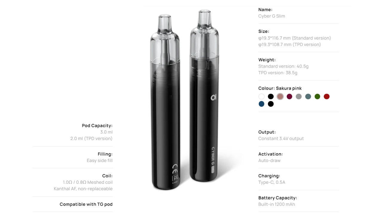 Aspire Cyber G Slim Pod System Kit 1200mAh 3ml 12