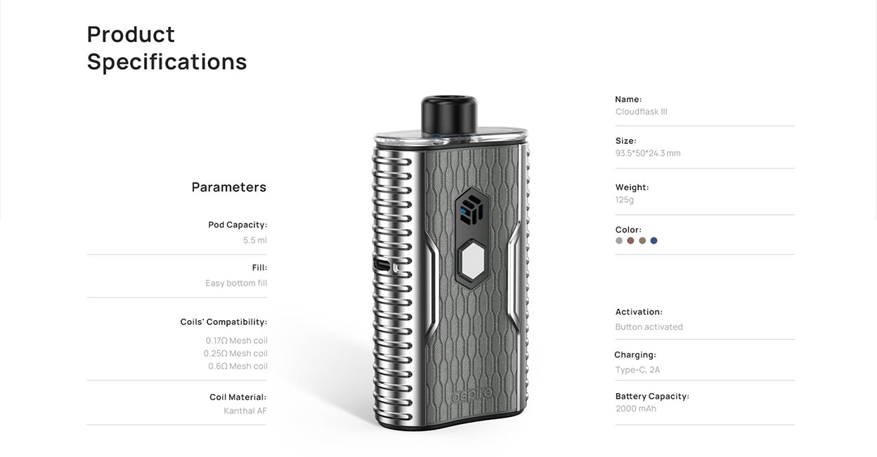 Aspire Cloudflask III Pod System Kit 2000mAh 5.5ml 12