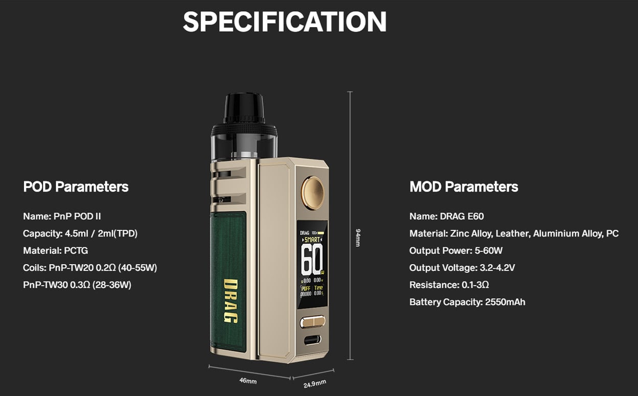 VOOPOO Drag E60 Mod Kit with PNP Pod II 2550mAh 4.5ml 15