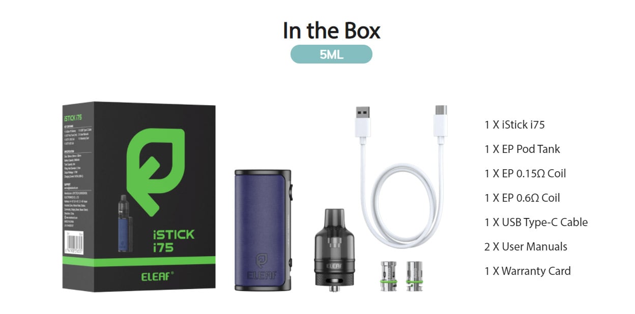 Eleaf iStick i75 75W Mod Kit with EP Pod Tank Atomizer 3000mAh 5ml 11