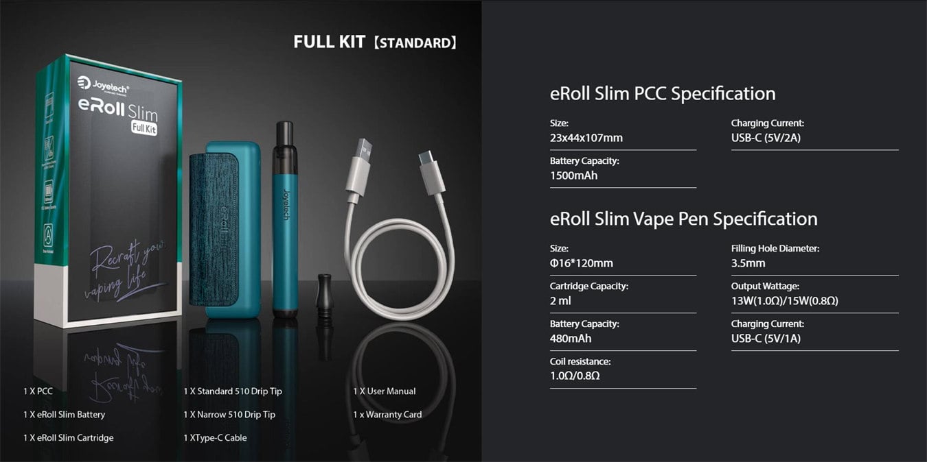 Joyetech eRoll Slim Pod System Kit with PCC Box 480mAh+1500mAh 2ml 14