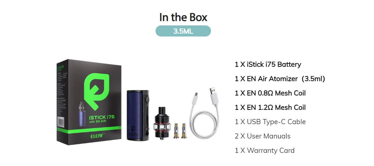 Eleaf iStick i75 Box Mod Kit with En Air Tank Atomizer 3000mAh 3.5ml 15